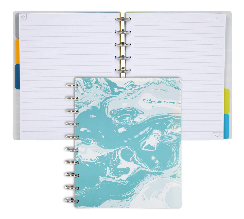 Talia Discbound Notebooks, Planner, Customizable, (Ymarble Flow Turquoise W/Silver Discs, Midsize (7.5In X 9.75In))