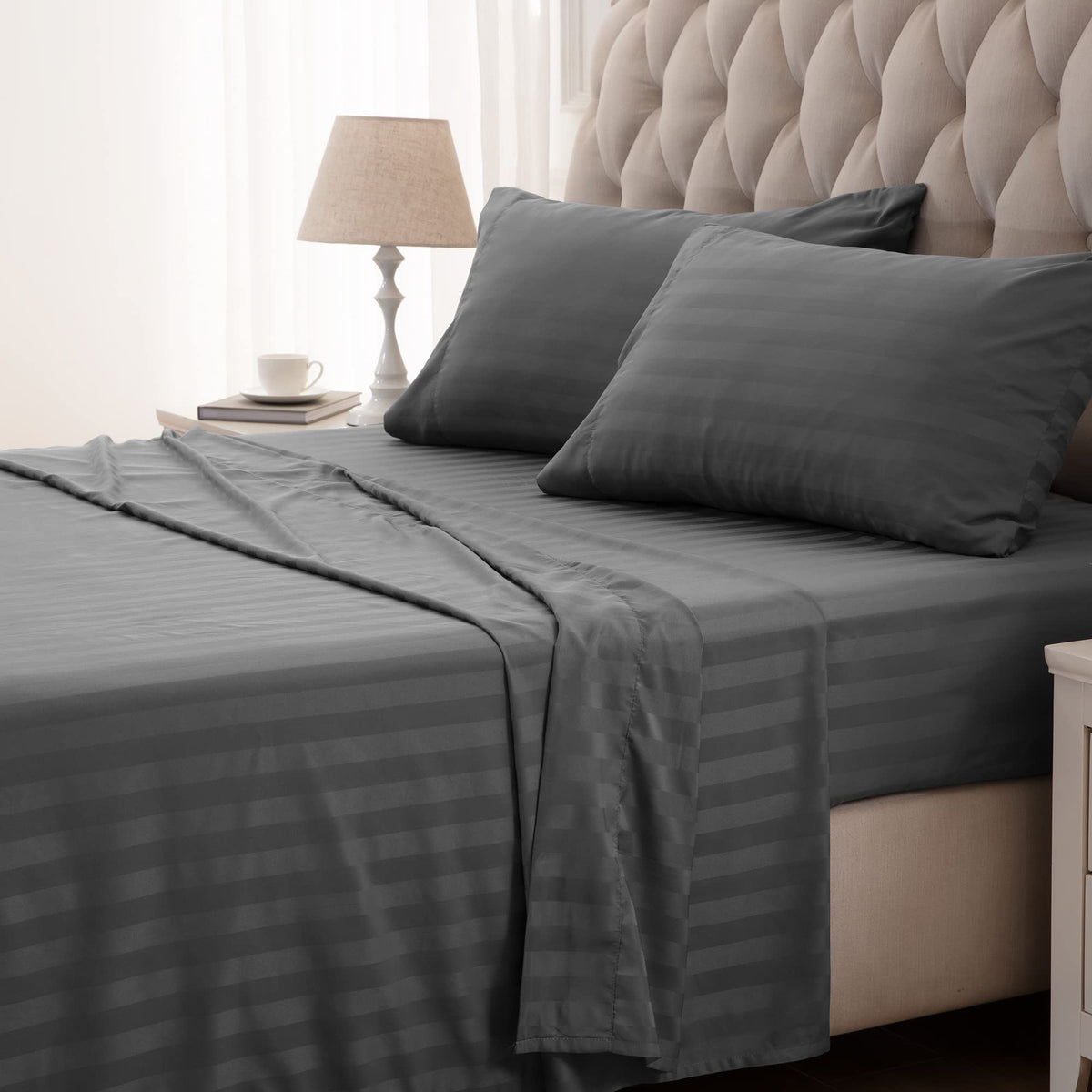 Sleep Zone Striped Cooling Queen Sheets Set - Fitted Flat Sheet & Pillowcase Sets 4 Piece - Super Soft Stripe Bed Sheet, Easy Ca