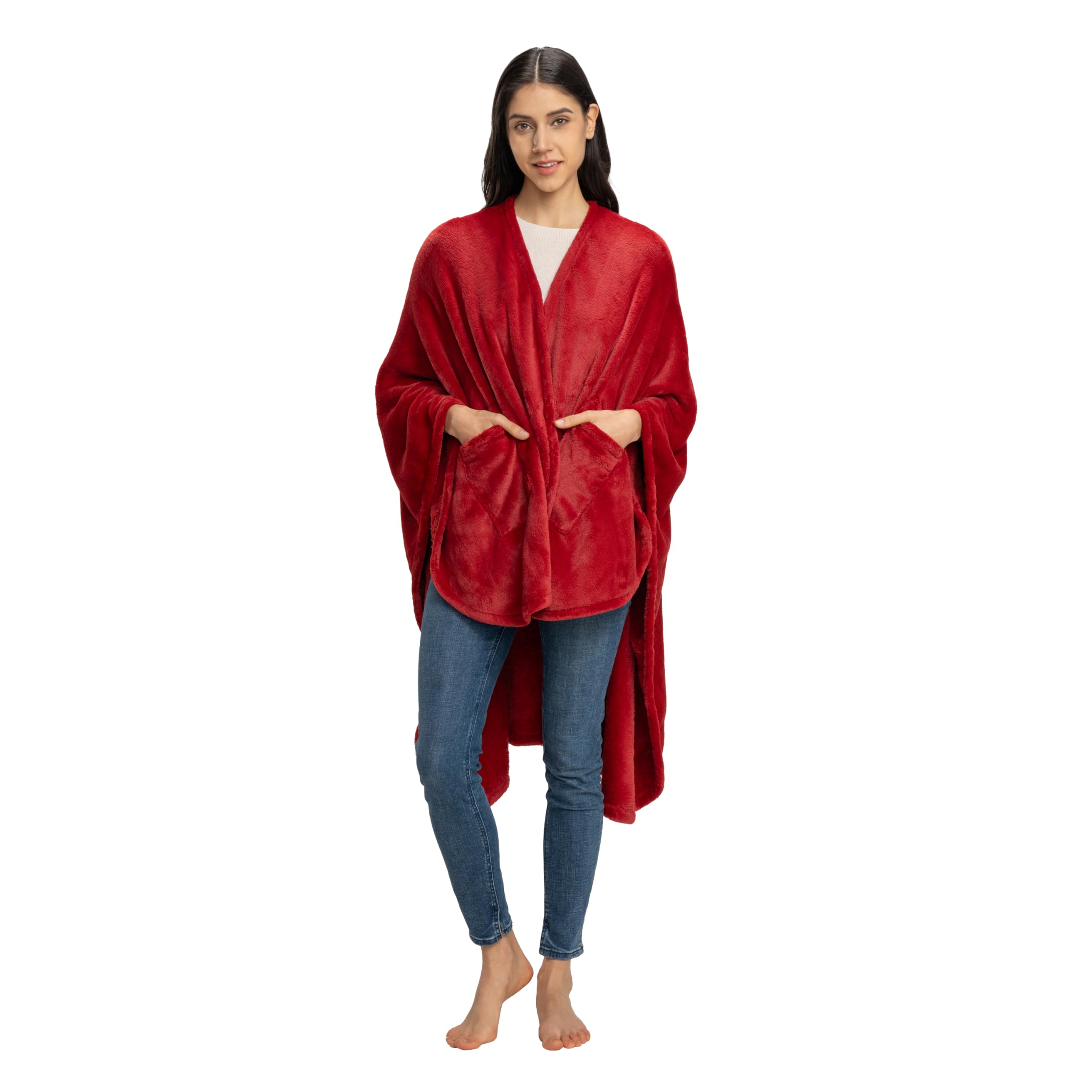 Berkshire Blanket Primalush Wearable Blanket, Cozy Loungewear Pocketed Plush Cape Wrap For Adults & Teens(Black, One Size 58'X6
