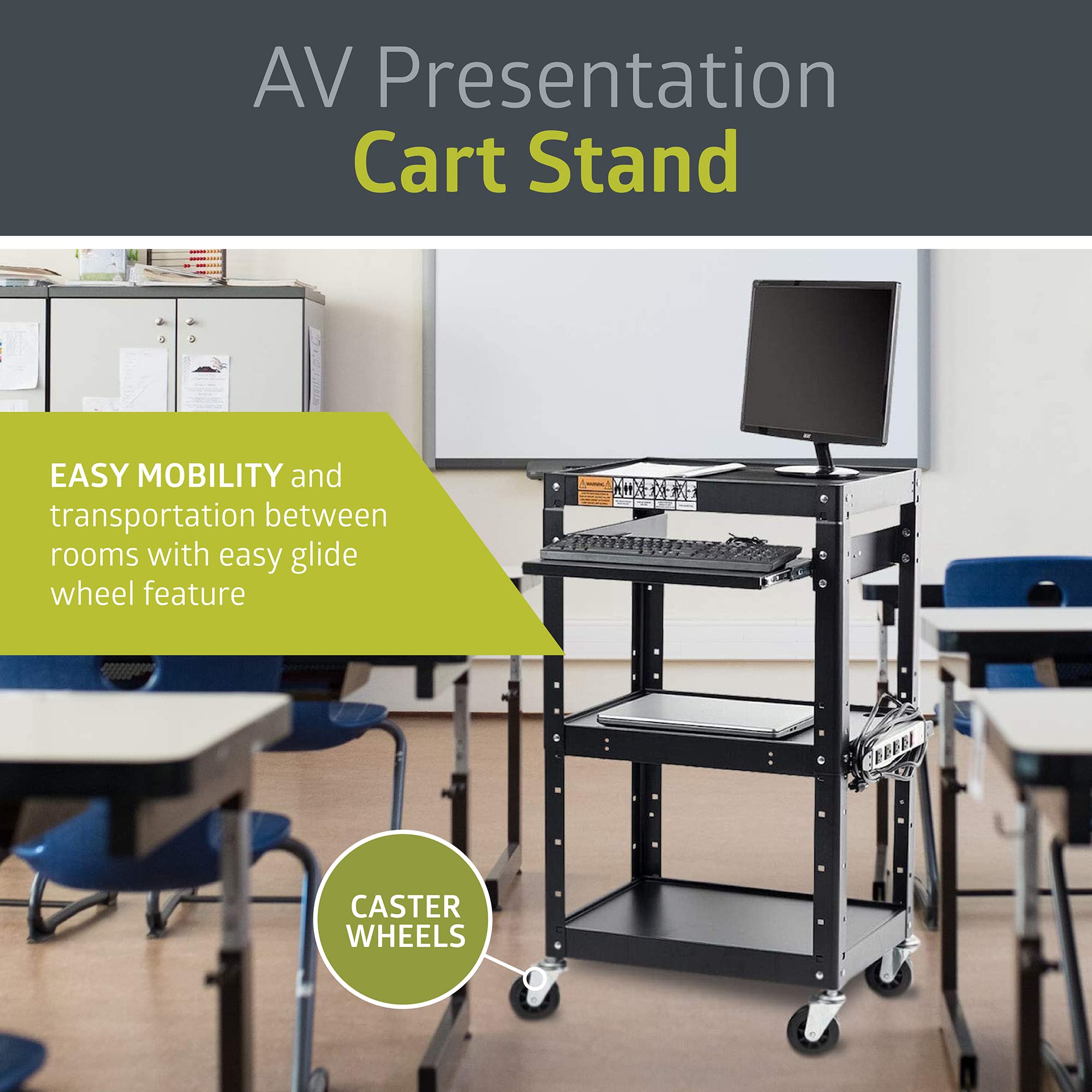 Pearington Av Presentation Cart Stand For Video Projector, Tv, Laptop Computers, Printers, Metal Construction Rolling Storage Cart With Adjustable Shelves, 4 Wheels, 4 Outlets, 12Ft Cord, Black