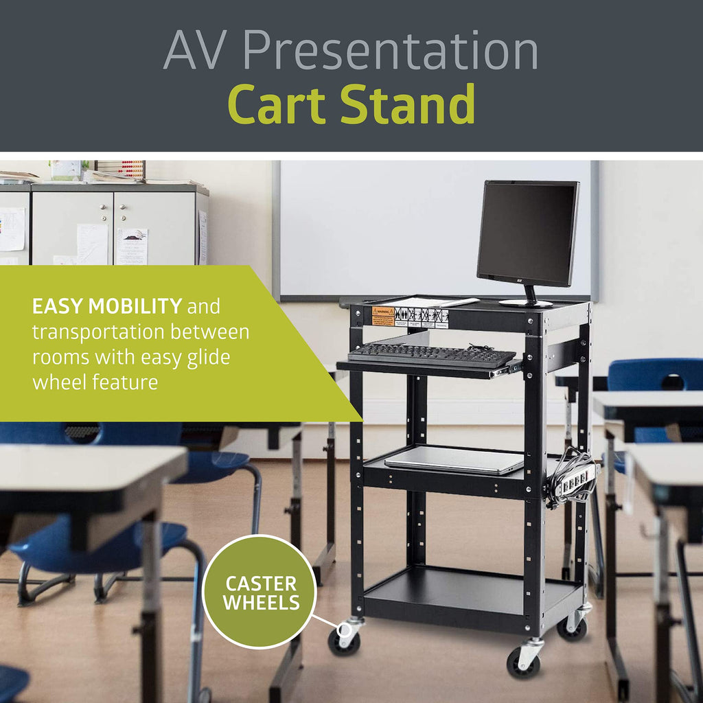 Pearington AV Presentation Cart Stand Metal Black Adjustable Shelves 4 Wheels 4 Outlets 12ft Cord
