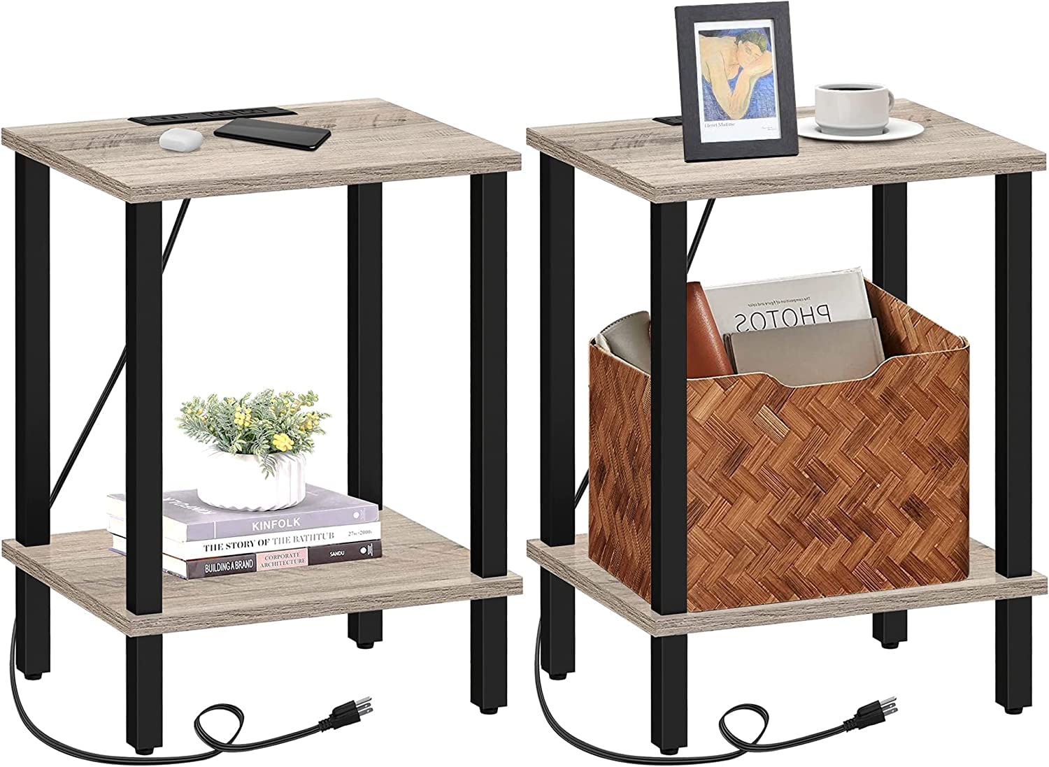 Tutotak End Table With Charging Station, Set Of 2, Small Side Table, Nightstand Bedside Table, 2-Tier Storage Shelf, Couch Side Table For Small Space, Living Room, Bedroom Greige V1Tb01Bg041