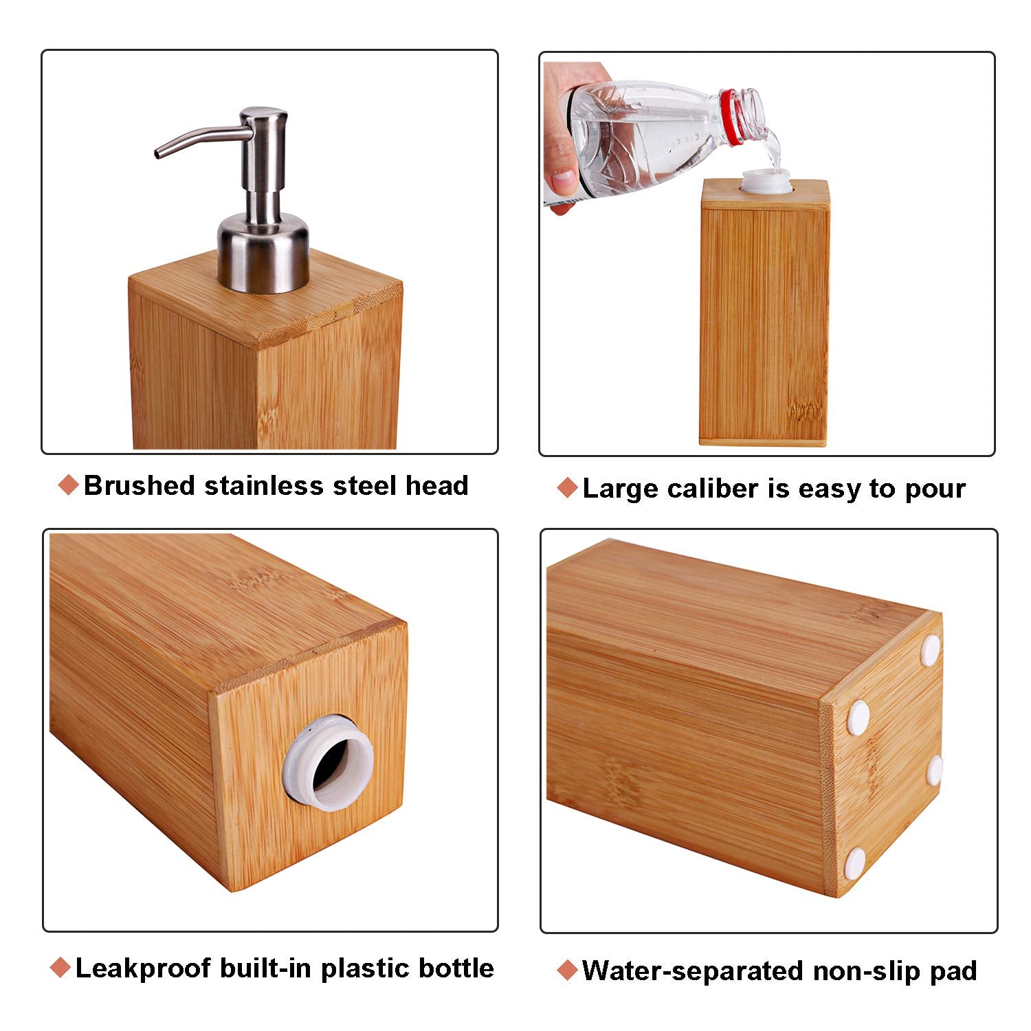 Sansnow Natural Bamboo Soap And Lotion Pump Dispenser Wooden Bathroom Accessory For Home Hotel 8 Oz, Rectangle