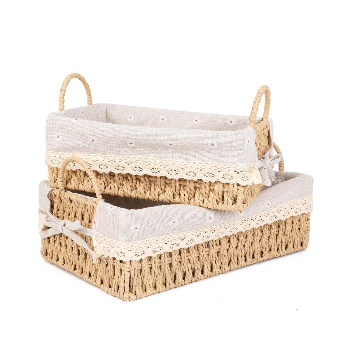 Wicker Storage Baskets with Handle and Liner, Rectangular Natural Paper Rope Woven Shelf Baskets for Organizing, Storage Bins Or