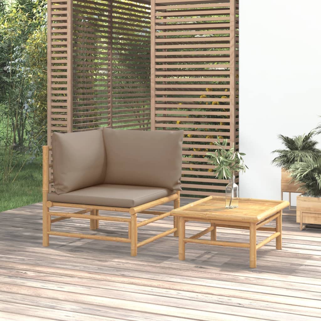 vidaXL Patio Lounge Set, 2-Piece, Bamboo Furniture, with Taupe Cushions - Includes a Corner Sofa and Coffee Table - Ideal for Outdoor Spaces