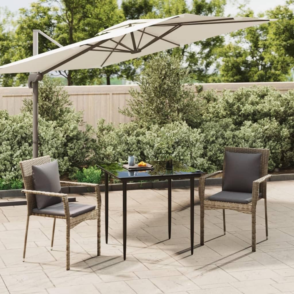 vidaXL Patio Dining Set - 3 Piece Furniture - Black/Gray Poly Rattan - Garden Table & Chairs with Cushions