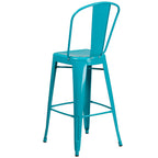 Commercial Grade 30 High Distressed Kelly Blue-Teal Metal Indoor-Outdoor Barstool with Back