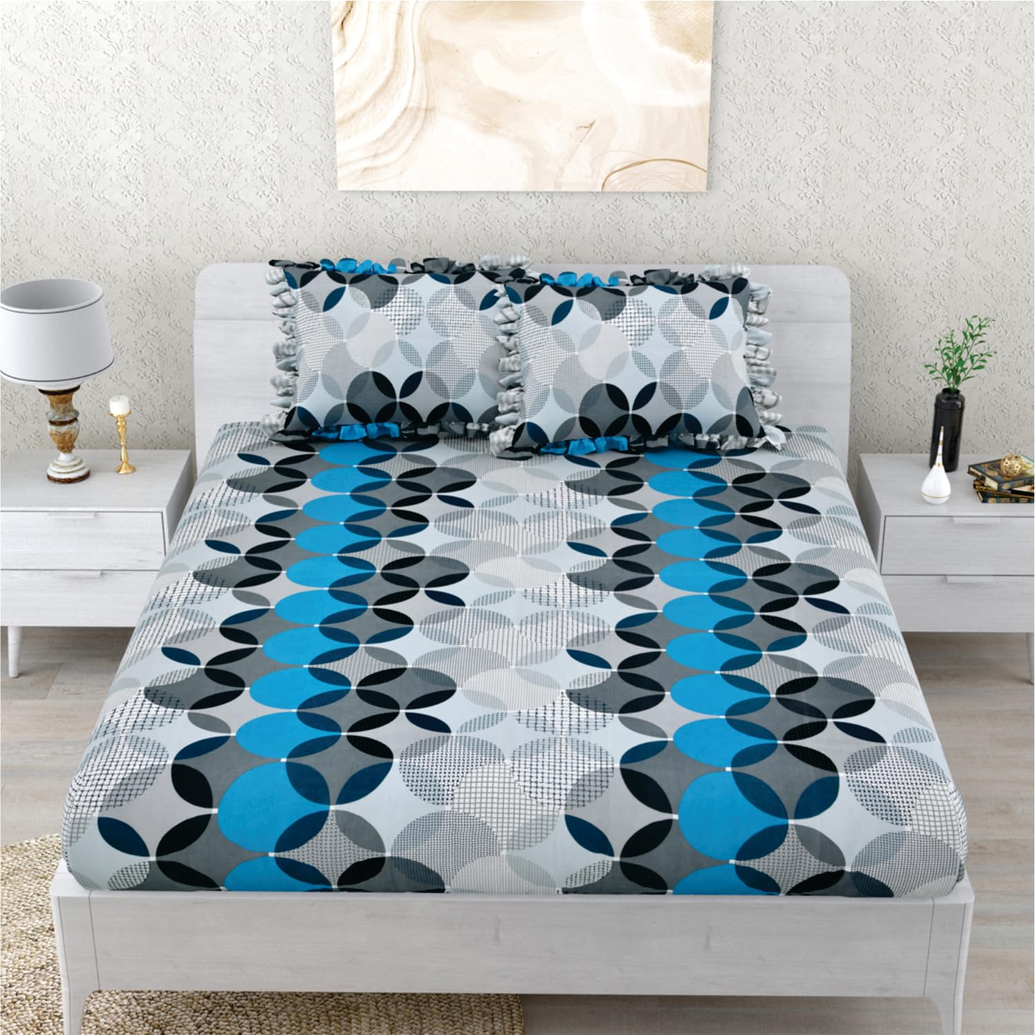Dream Weaverz Polycotton Printed 260 Thread Double Bed Size Fitted Elastic Bedsheet|With 2 Frill Pillow Cover