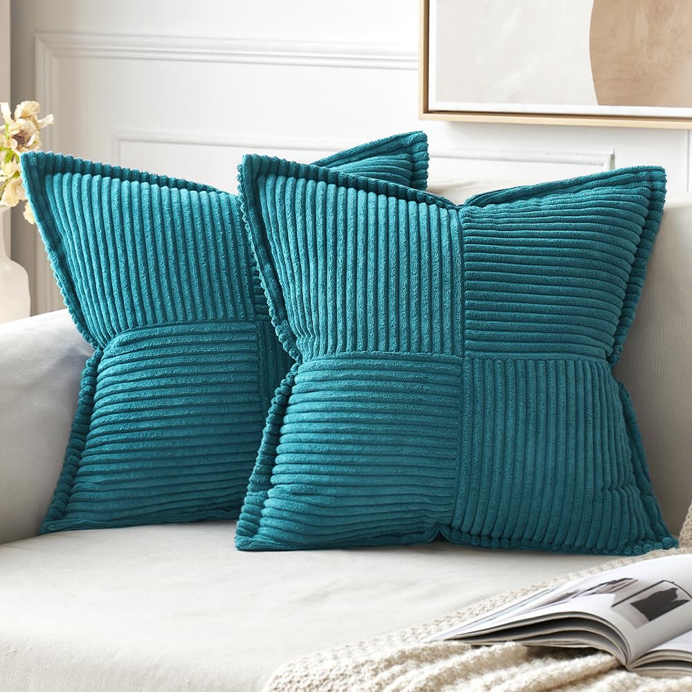 Miulee Teal Blue Corduroy Pillow Covers 18X18 Inch With Splicing Set Of 2 Super Soft Boho Striped Pillow Covers Broadside Decora