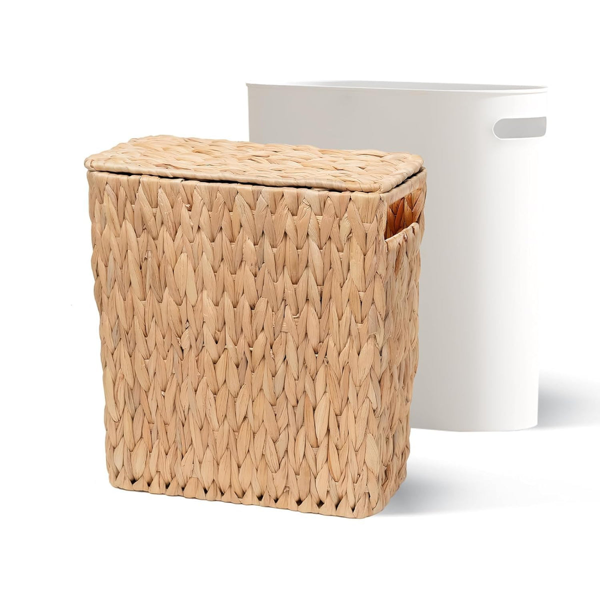 Yiheini 3 Gallon Wicker Trash Can with Lid and Removable Liner, Natural Water Hyacinth Handwoven Bathroom Waste Basket for Bedro