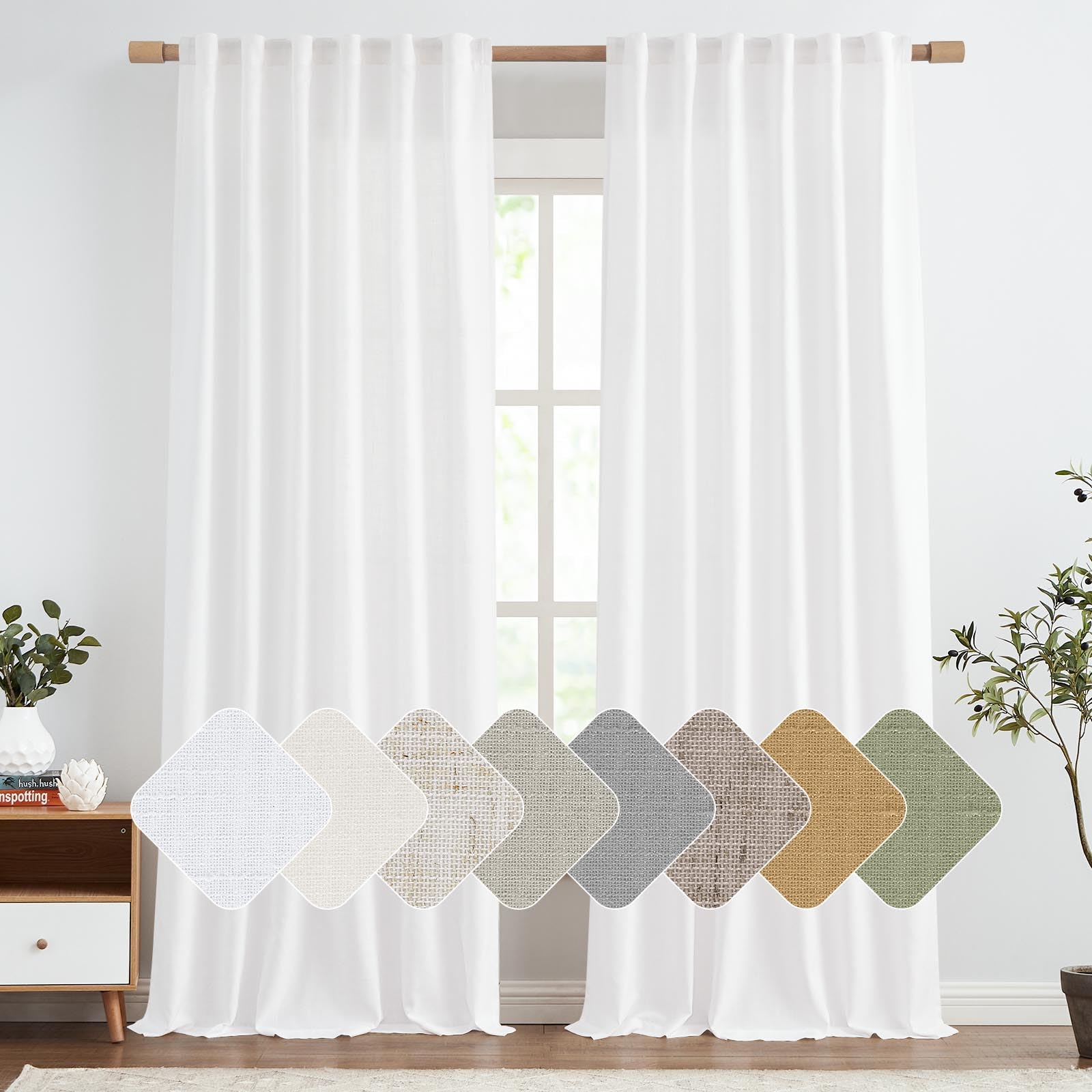 Jinchan Linen Blend White Curtains 102 Inches Long For Living Room Farmhouse Rod Pocket Back Tab Light Filtering Window Drapes For Bedroom 50X102 Off White 2 Panels