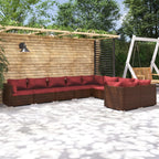 vidaXL 9 Piece Patio Lounge Set with Cushions - Poly Rattan Outdoor Furniture, Brown and Red, Easy Assembly, Weather-Resistant, Comfortable Fabric Cushions