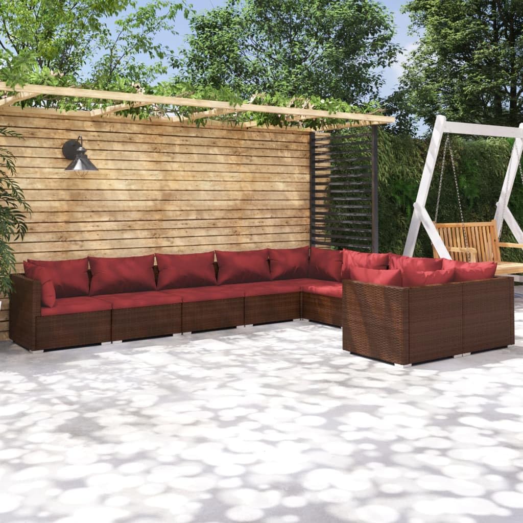 vidaXL 9 Piece Patio Lounge Set with Cushions - Poly Rattan Outdoor Furniture, Brown and Red, Easy Assembly, Weather-Resistant, Comfortable Fabric Cushions