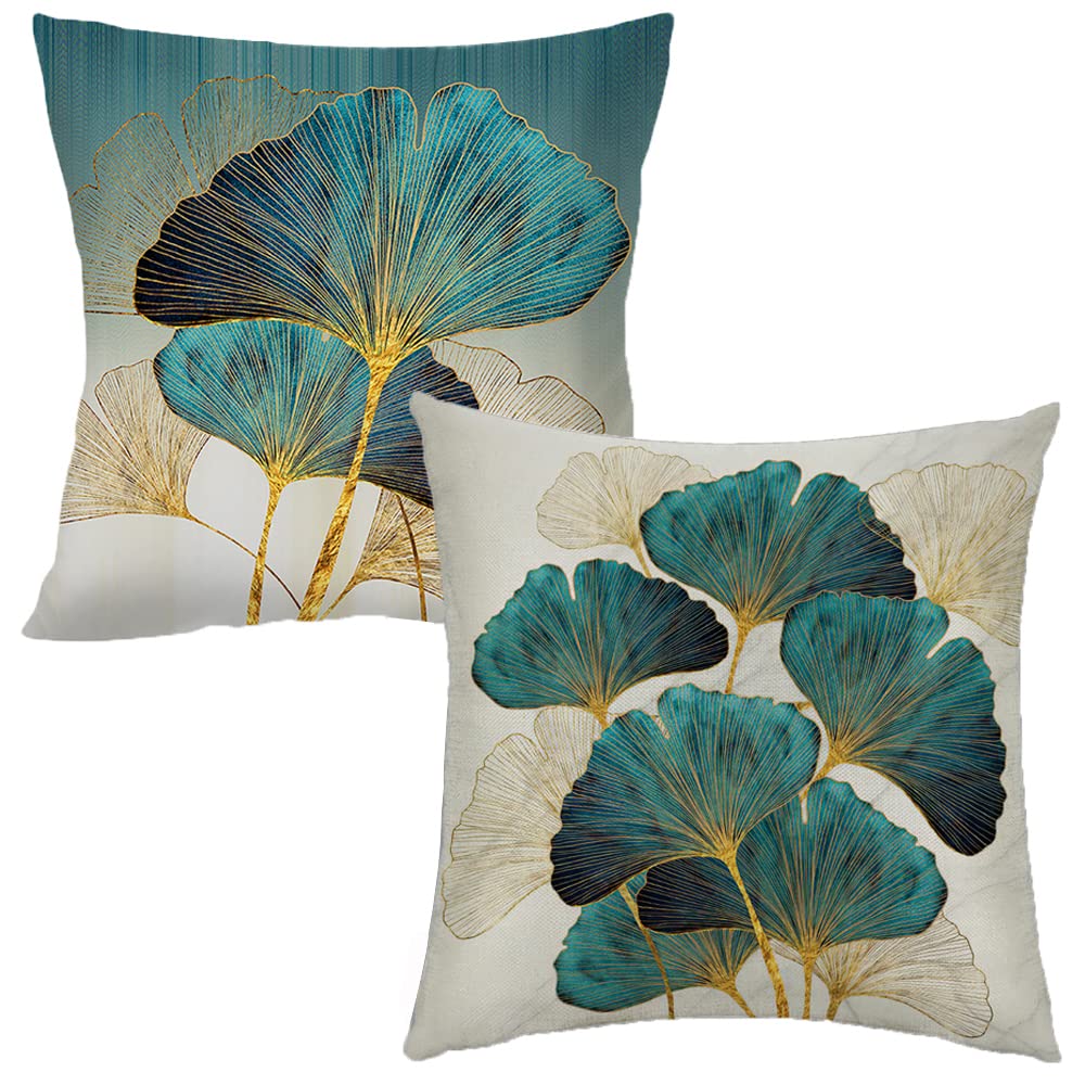Throw Pillow Cover Green Plant Leaves - 18 X 18 Inch Teal Pillow Cushion Cover - Set Of 2 Turquoise Ginkgo Leaf Cushion Case, Gr