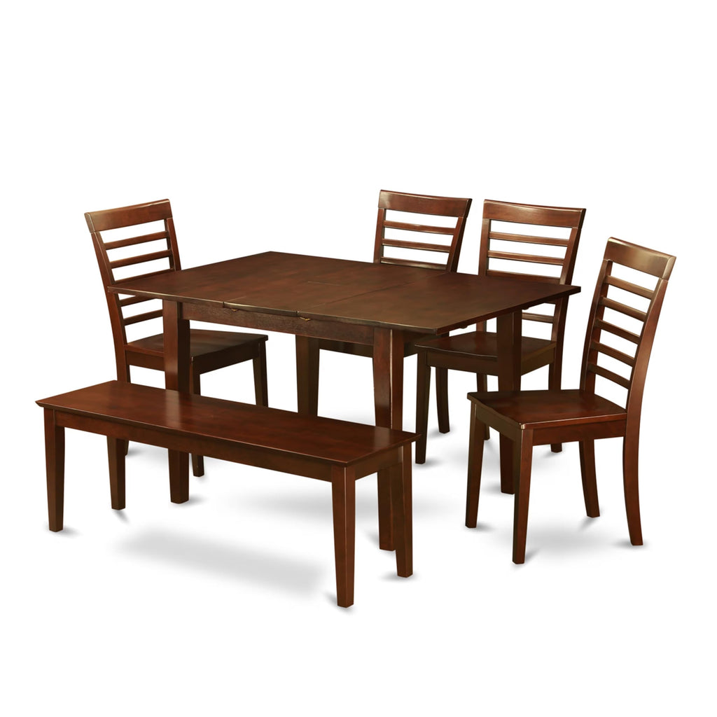 East West Furniture PSML6D-MAH-W 6 Piece Modern Dining Table Set Contains a Rectangle Wooden Table with Butterfly Leaf and 4 Dining Room Chairs with a Bench, 32x60 Inch, Mahogany