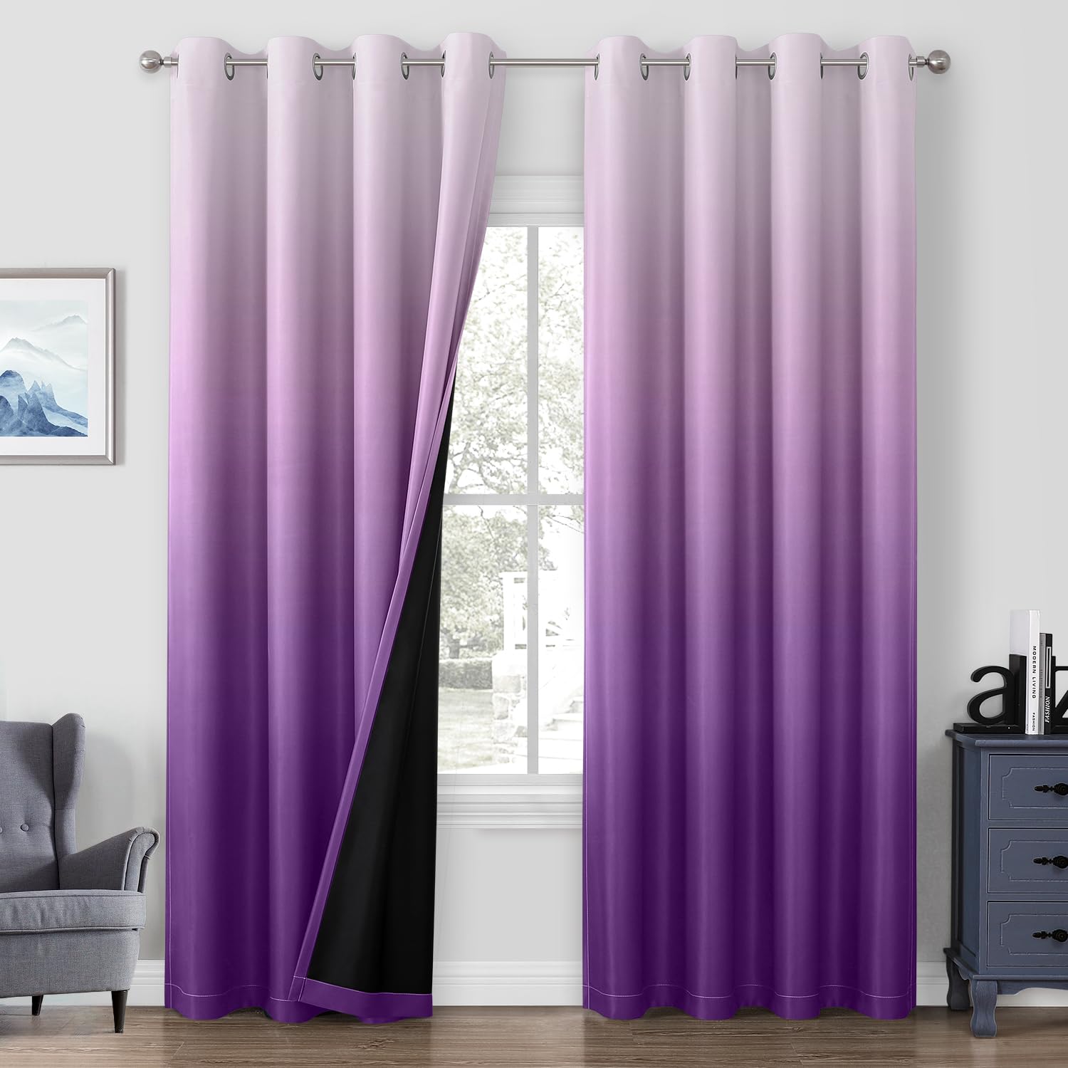 Homeideas 100% Purple Ombre Blackout Curtains For Bedroom, Room Darkening Curtains 52 X 96 Inches Long Grommet Gradient Drapes,