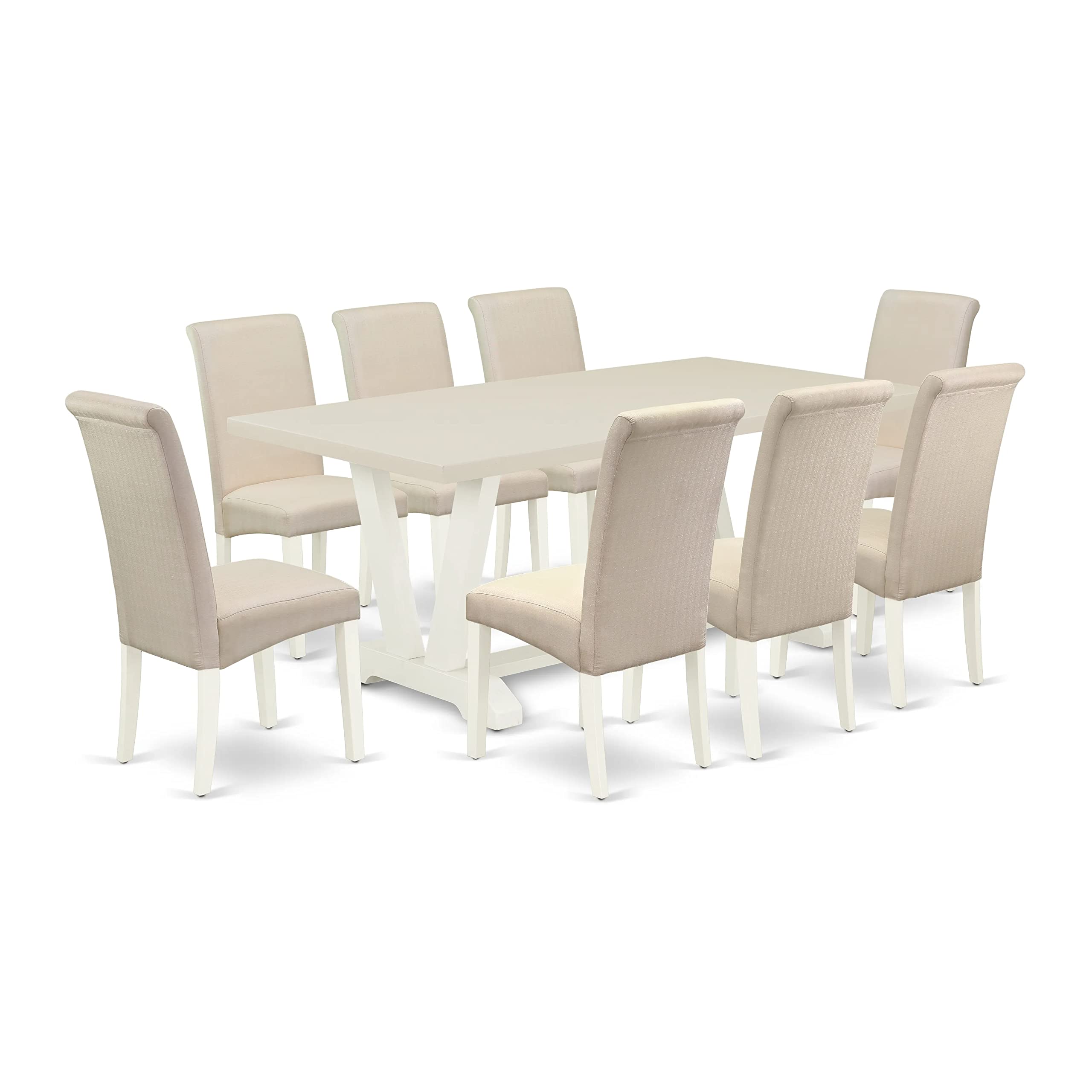 East West Furniture V-Style 9 Piece Kitchen Set Includes A Rectangle Table With V-Legs And 8 Cream Linen Fabric Parson Dining Chairs, 40X72 Inch, V027Ba201-9