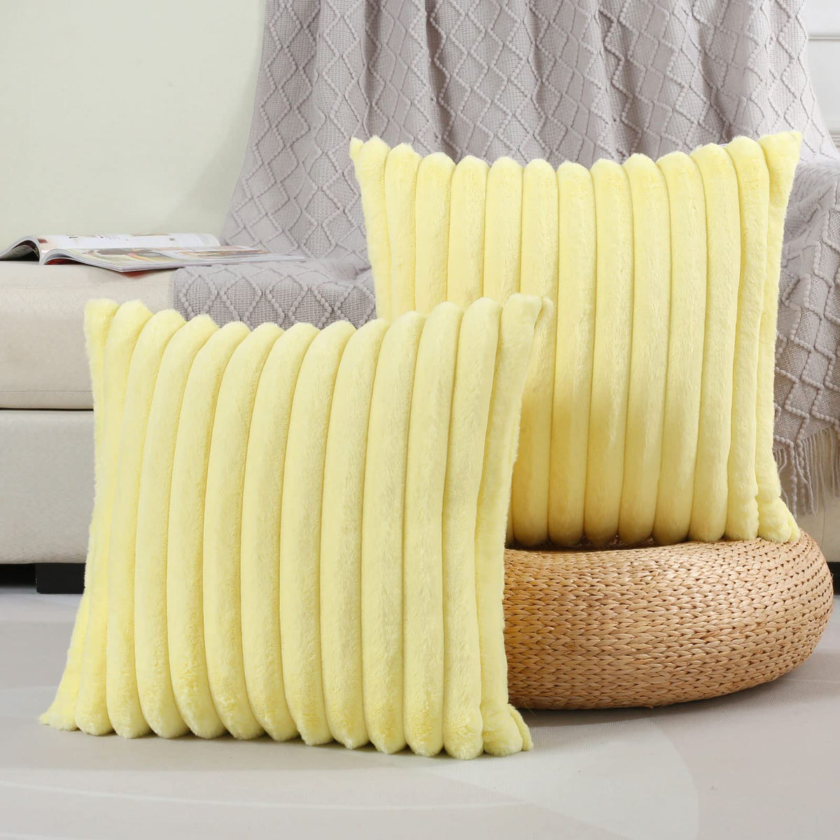 Futei Yellow Striped Decorative Throw Pillow Covers 20X20 Inch Set Of 2,Square Spring Decorations Couch Pillow Case,Soft Cozy Fa
