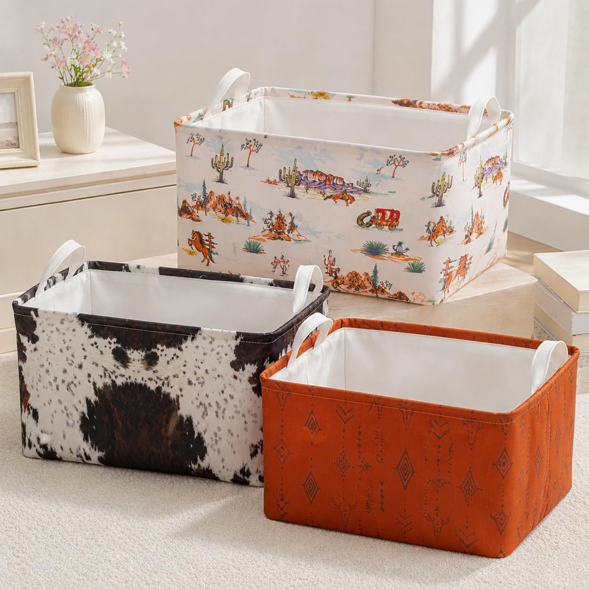 3 Pcs Western Bull Boho Rectangle Storage Basket Collapsible Highland Cow Storage Bin for Nursery Toys Books Waterproof Baskets 
