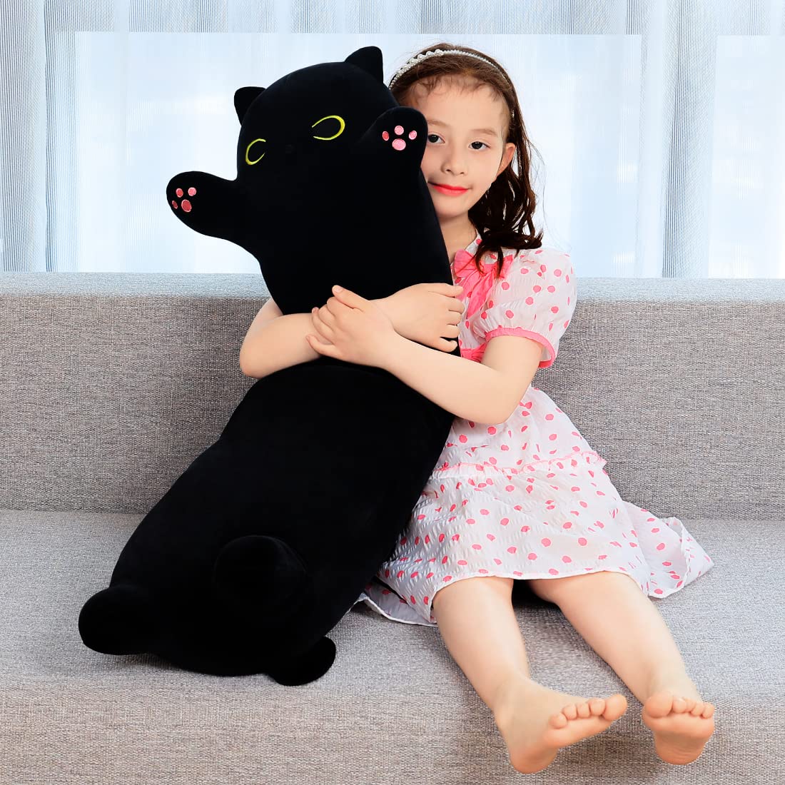 Long Cat Plush Cute Black Cat Stuffed Animals 43Inch Soft Plushies Body Pillow Kitten Plush Throw Pillow Kawaii Big Plush Doll T