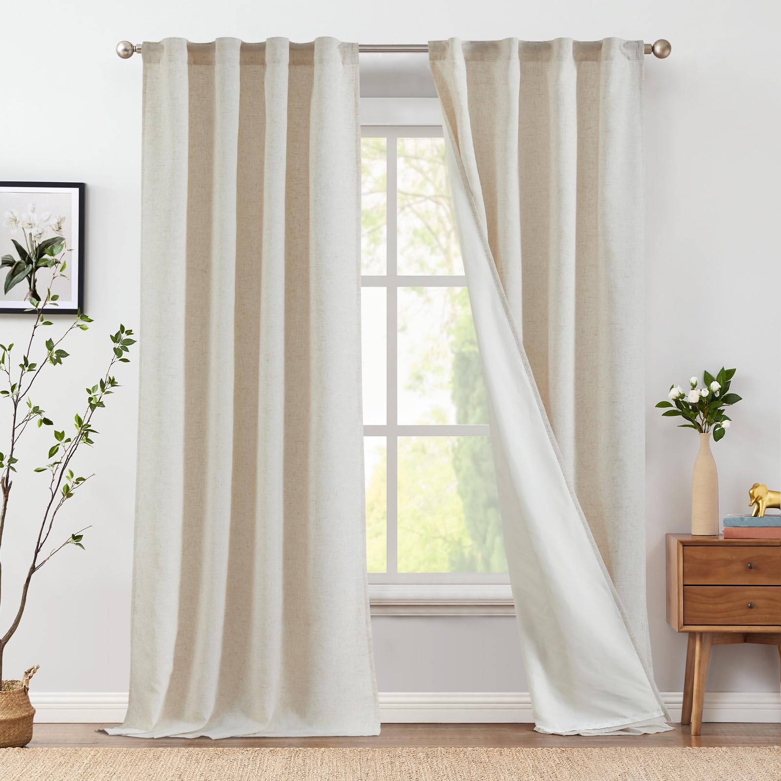 Jinchan Linen Blend Beige Curtains 108 Inch Length For Living Room Farmhouse Rod Pocket Back Tab Light Filtering Window Drapes With Lined For Bedroom Crude 2 Panels