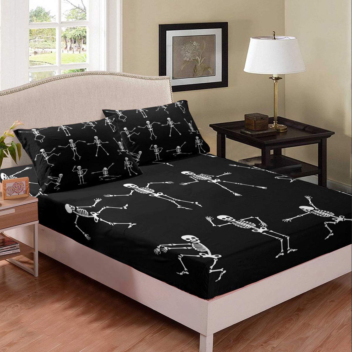 Erosebridal Sugar Skull Sheet Set Full Size Skeleton Bones Bedding Set for Kids Boys Girls Teens Adult Halloween Horror Theme Fi