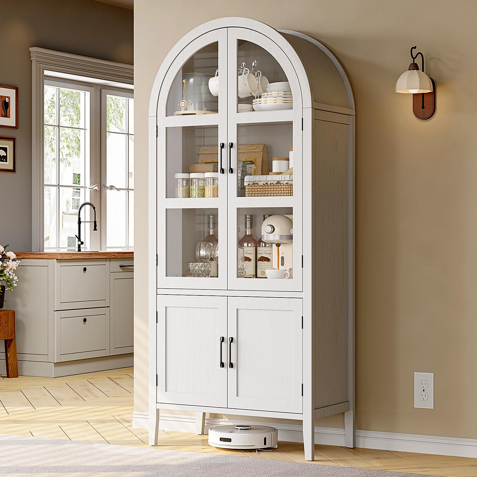 Onbrill 71 ' Tall Arched Cabinet, 5-Tier Arched Kitchen Pantry With Glass Doors & Shelves, Modern Display Storage Cabinets With