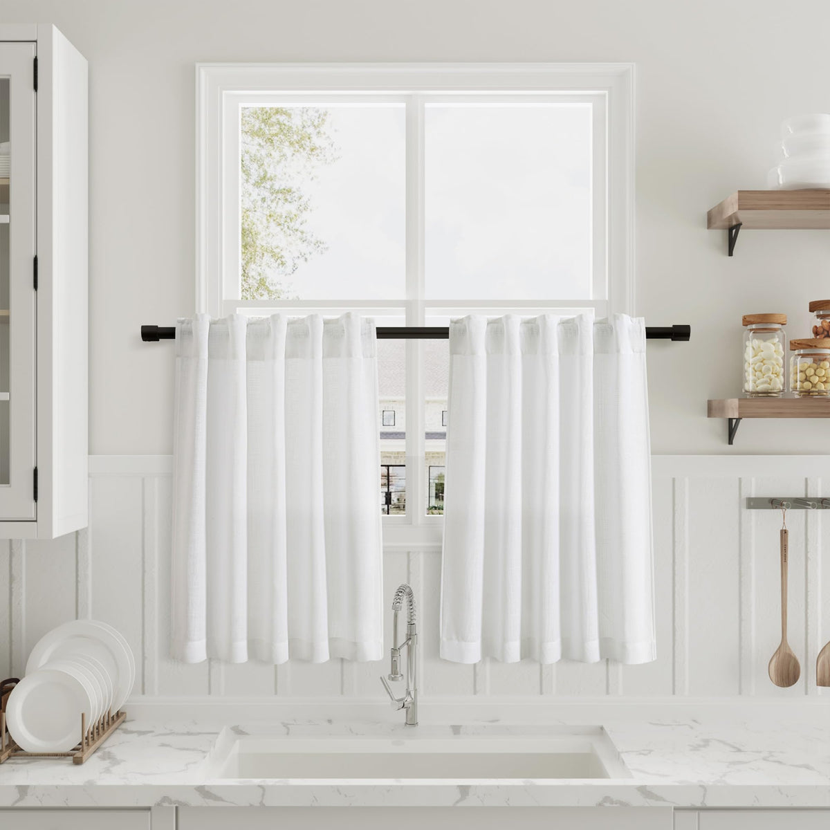Off White Tier Curtains For Kitchen Windows 24 Inch Length Back Tab Linen Small Cafe Curtains Half Window Country Rustic Farmhou