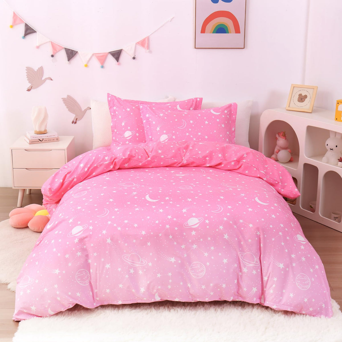 Jsd Pink Stars Kids Duvet Cover Set Twin Size, 2 Piece Girls Space Theme Microfiber Comforter Cover With Pillow Sham Zipper Clos