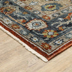 HomeRoots 508058 10 x 13 ft. Blue Beige Tan Brown Gold & Rust Red Oriental Power Loom Stain Resistant Rectangle Area Rug with Fringe