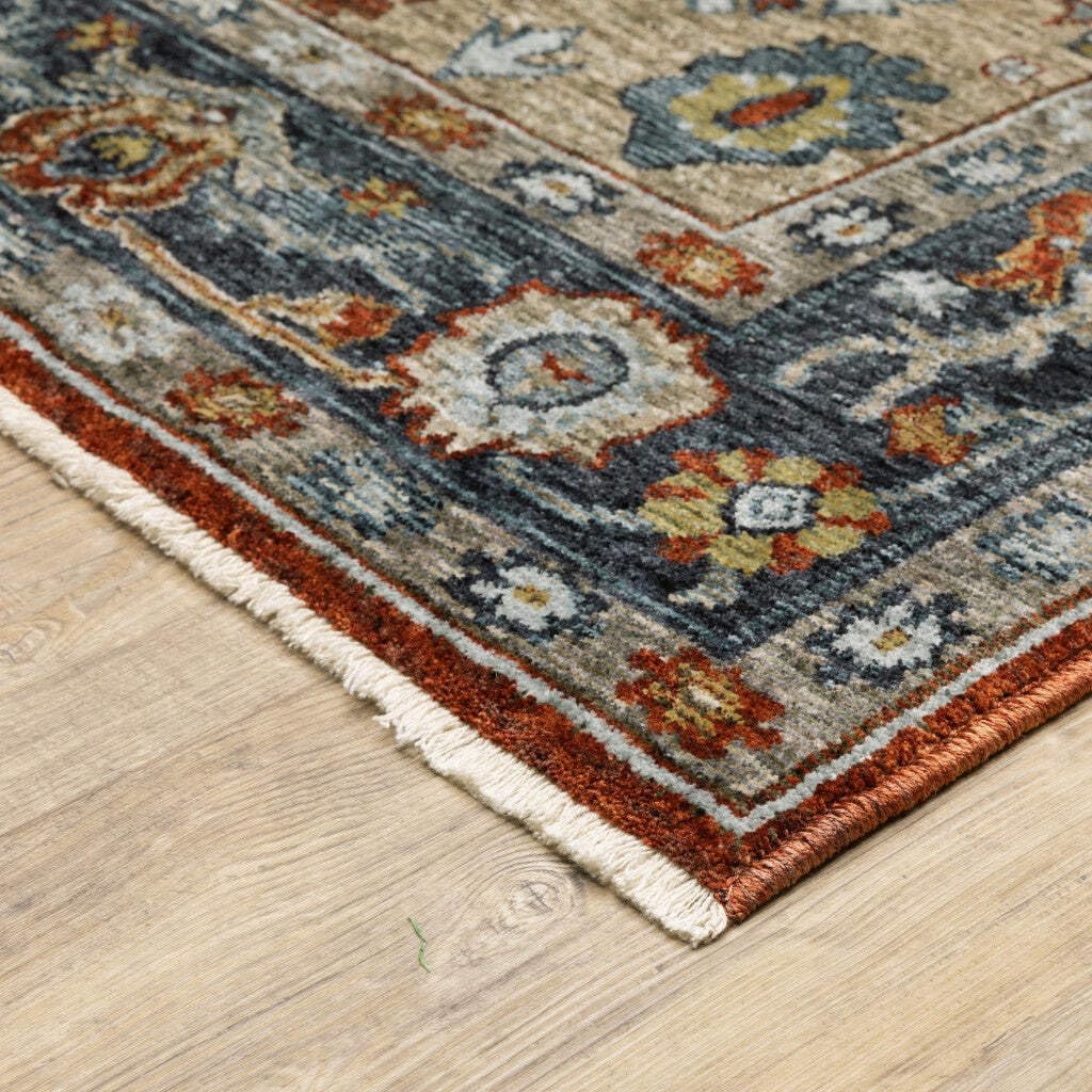 HomeRoots 508058 10 x 13 ft. Blue Beige Tan Brown Gold & Rust Red Oriental Power Loom Stain Resistant Rectangle Area Rug with Fringe