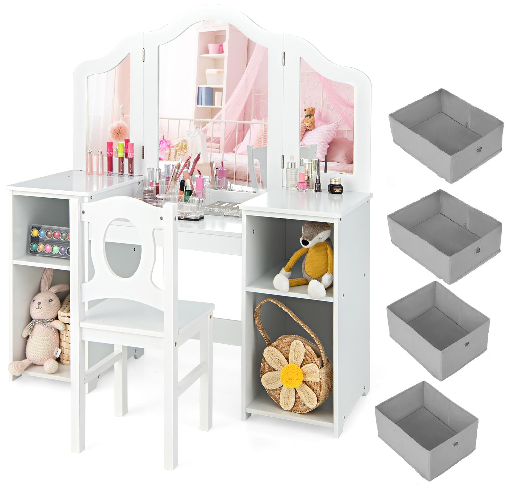 Infans Kids Vanity, 2 In 1 Princess Makeup Desk And Chair Set With 4 Drawers Tri-Folding Detachable Mirror Large Storage Shelves, Wooden Dressing Table, Pretend Play Vanity Set For Toddler Girls