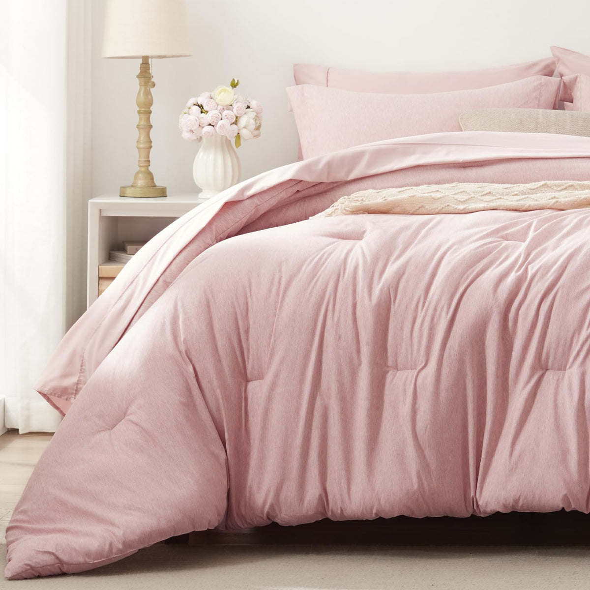 Unilibra Queen Comforter Set 7 Pieces Bed In A Bag - Pink Queen Soft Bedding Set For All Seasons - Cationic Dyeing Bed Comforter Sets With Comforter, Flat Sheet, Fitted Sheet, Pillowcases & Shams