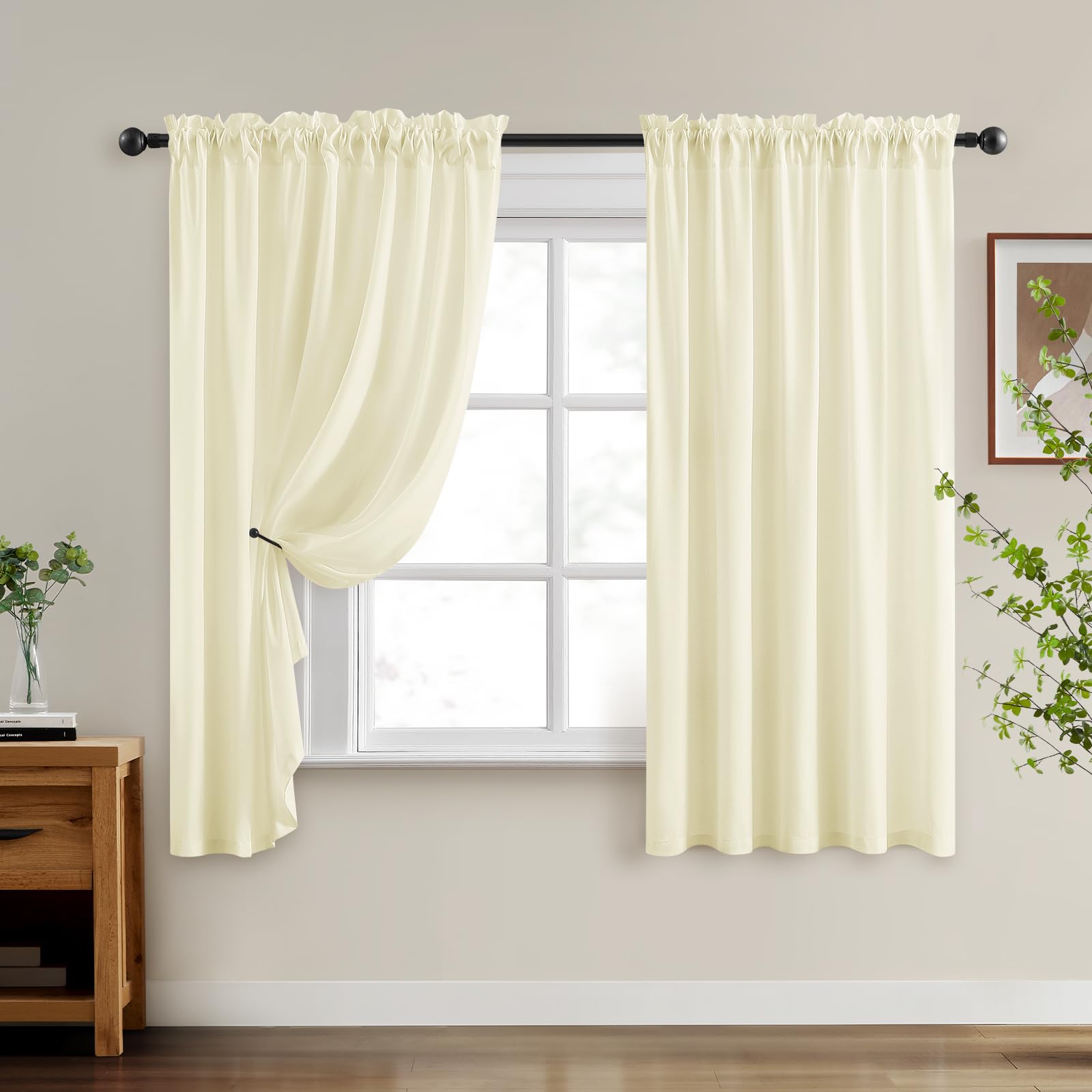 Homeideas Non-See-Through Cream Yellow Privacy Sheer Curtains 52 X 72 Inches Long 2 Panels Set, Fish Bone Pattern Semi Sheer Cur