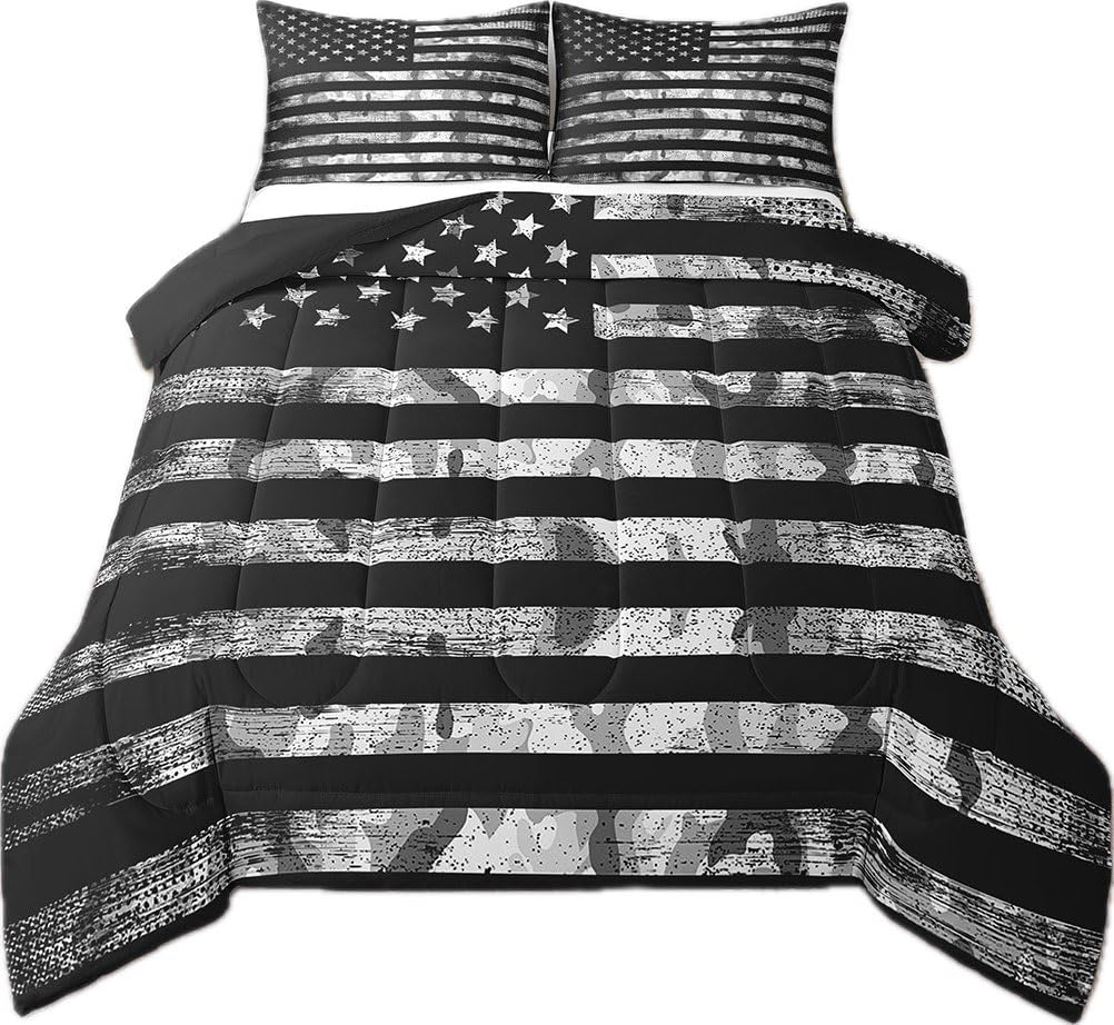 Erosebridal Twin Bedding Sets For Boys Black Gray Camo American Flag Comforter For Teenage Geometric Us Stripes Stars Bed Sets,M