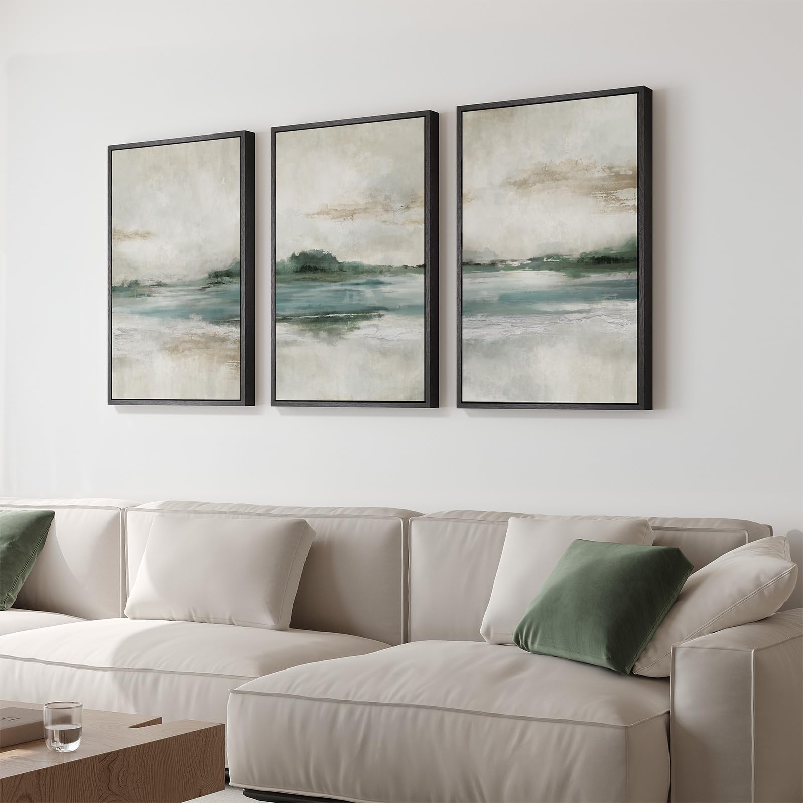 Framed Abstract Landscape Wall Art, Set of 3 Canvas Prints Paintings Artwork for Walls, Soft Blue and Green Nature Pictures for 