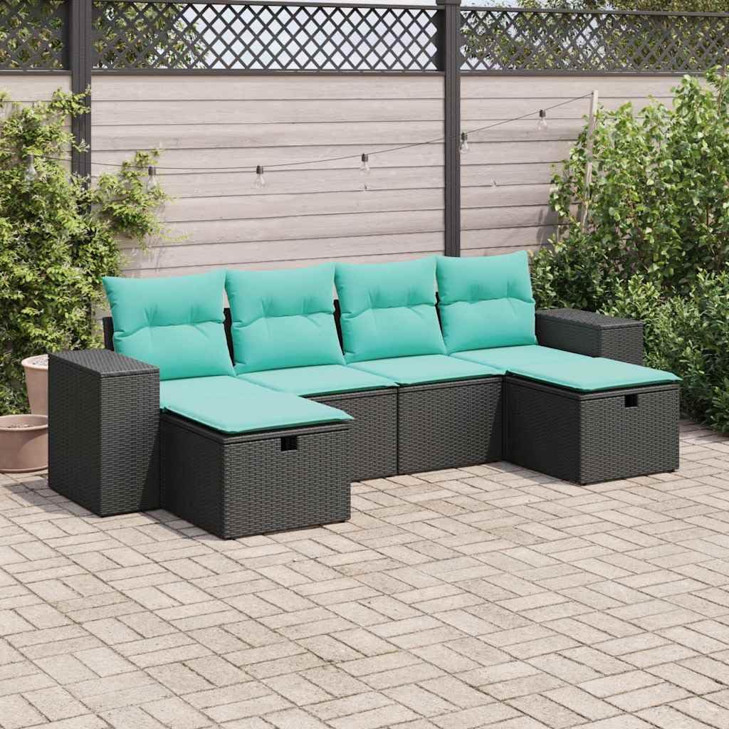 vidaXL 6-Piece Patio Sofa Set with Cushions - Black Poly Rattan, Durable Outdoor Garden Lounge, Water-Resistant Storage, Versatile footrest