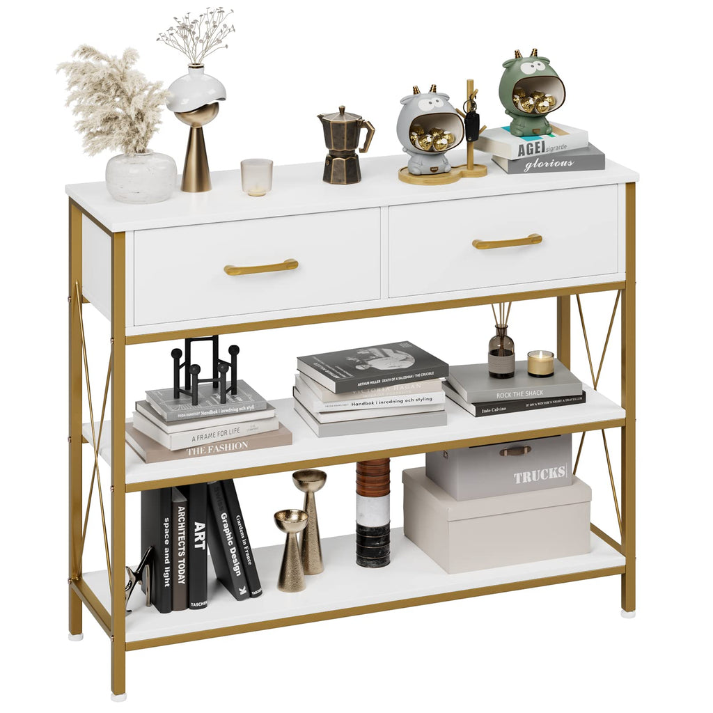 Hithos Industrial Console Table With Drawers, Vintage Hallway Foyer Table With Storage Shelves, Narrow Long Sofa Entryway Table For Living Room, White/Gold