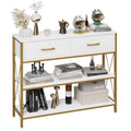 Hithos Industrial Console Table With Drawers, Vintage Hallway Foyer Table With Storage Shelves, Narrow Long Sofa Entryway Table For Living Room, White/Gold