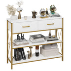 Hithos Industrial Console Table With Drawers, Vintage Hallway Foyer Table With Storage Shelves, Narrow Long Sofa Entryway Table For Living Room, White/Gold