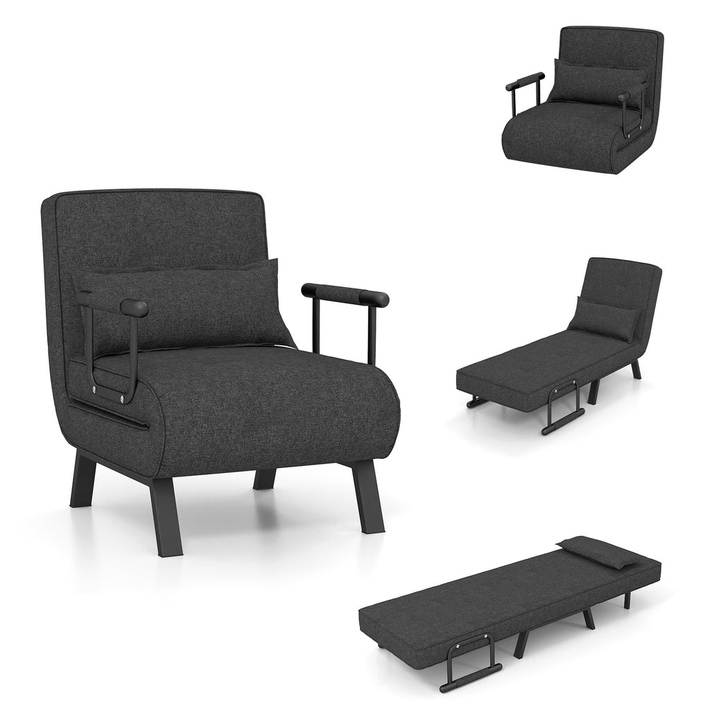 Powerstone Convertible Sleeper Chair Bed, 4 In 1 Living Room Reading Chair With Pillow, Arm And Adjustable 5 Position Backrest Single Sofa Bed, Dark Grey