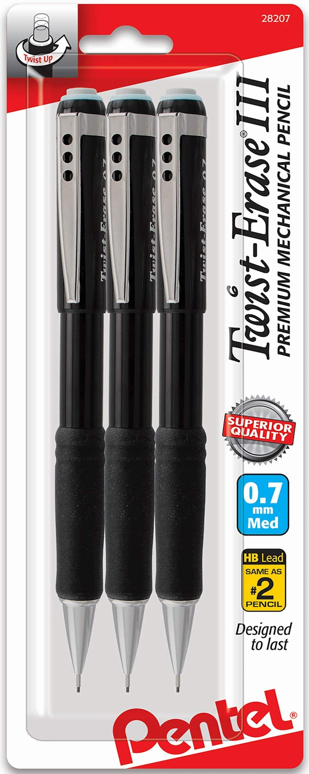 Mechanical Pencil, Pentel Twist Erase .7 Mm, Twist-Erase Iii Automatic, 3 Pack, Black Barrels, Best Professional Pencils For Sch