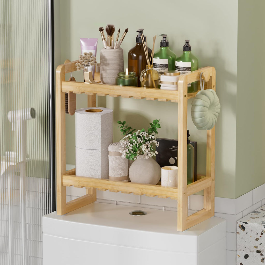 Amazerbath Bamboo Over The Toilet Storage Shelf - 2-Tier Bathroom Organizers And Storage Shelves, 2 In 1 Dual Stable Above Over Toilet Bathroom Shelf Home Storage Rack For Small Bathroom, Space Saver