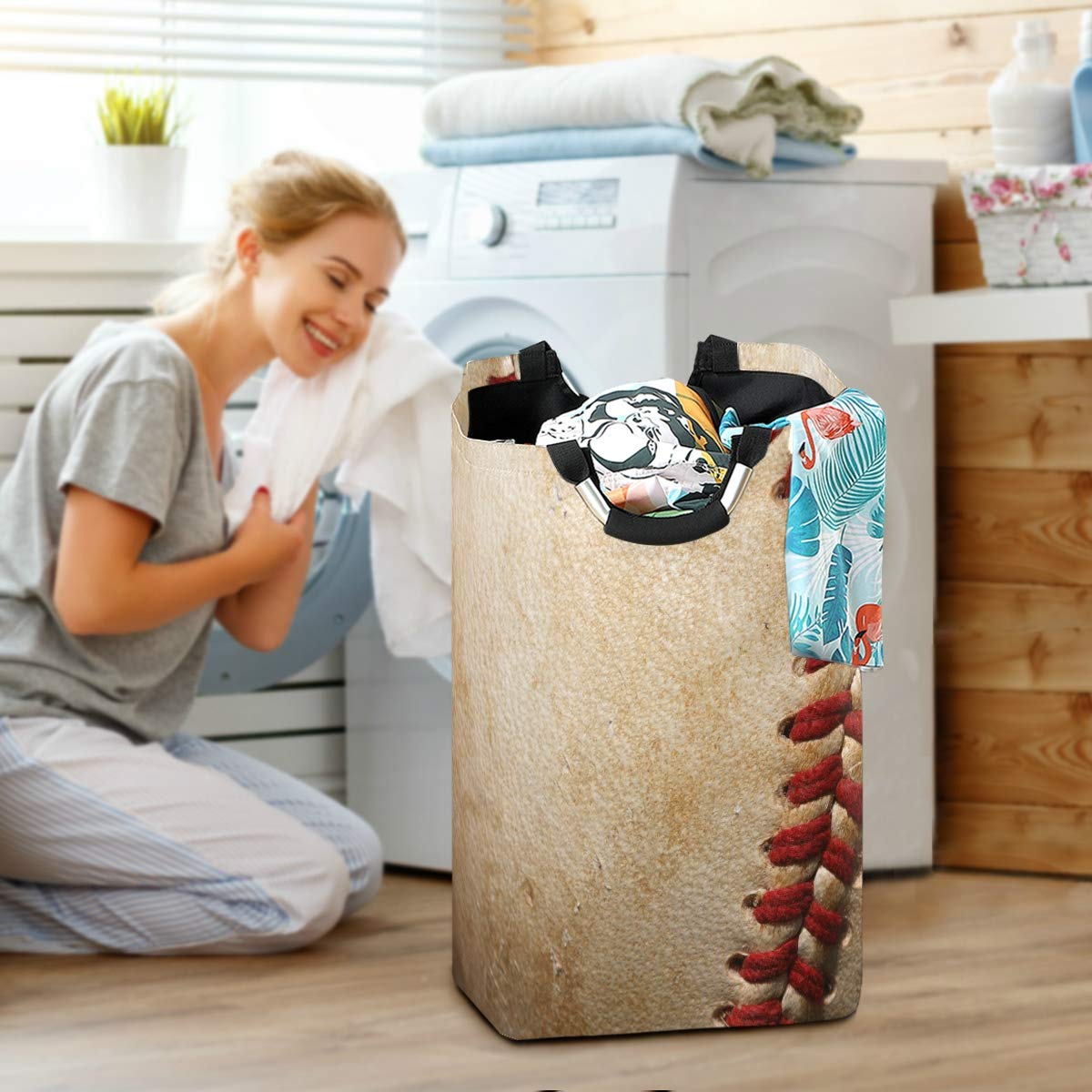 Alaza Vintage Baseball Ball Sport Laundry Basket Hamper Large Storage Bin With Handles For Gift Baskets, Bedroom, Clothes