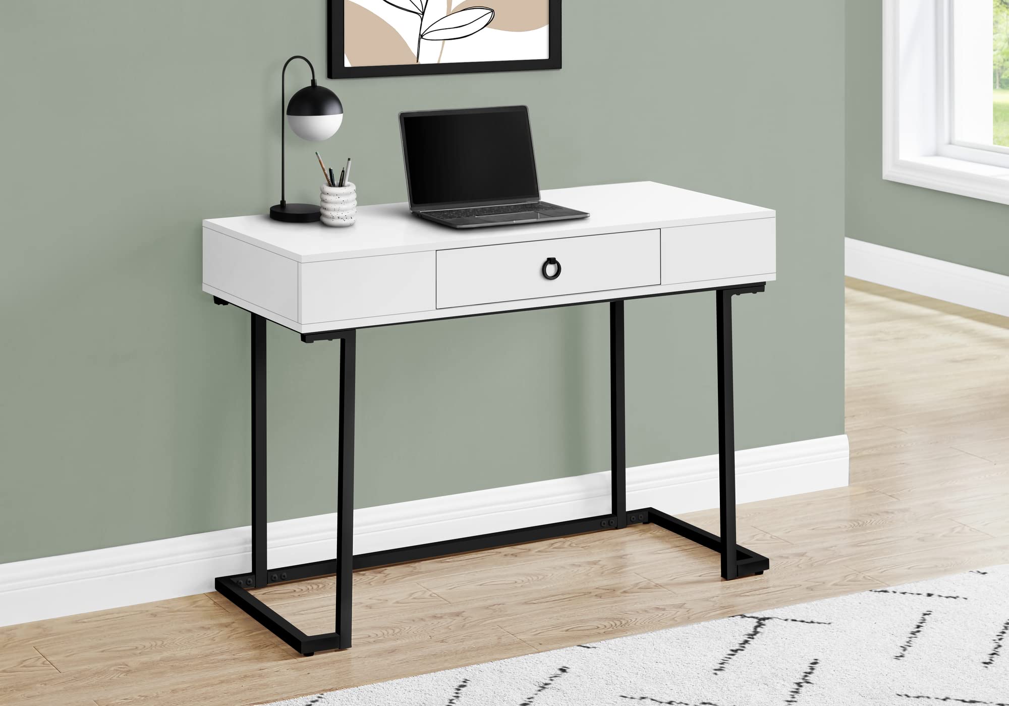 Monarch Specialties 7385 Computer Desk, Home Office, Laptop, Storage Drawers, 42&quot; L, Work, Metal, Laminate, Glossy White, Black, Contemporary, Modern Desk-42, 41.75&quot; L x 19.75&quot; W x 30&quot; H