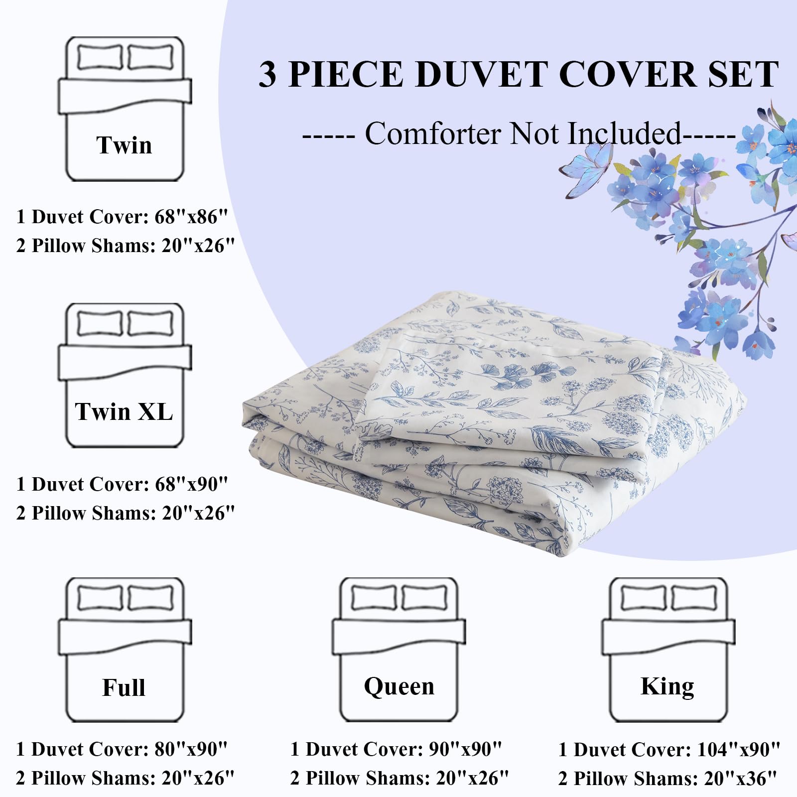 Lifetb Boho Floral Duvet Cover Twin Soft Cotton Blue Floral Bedding Sets Vintage Style Chic Flower Botanical Duvet Cover Aesthet
