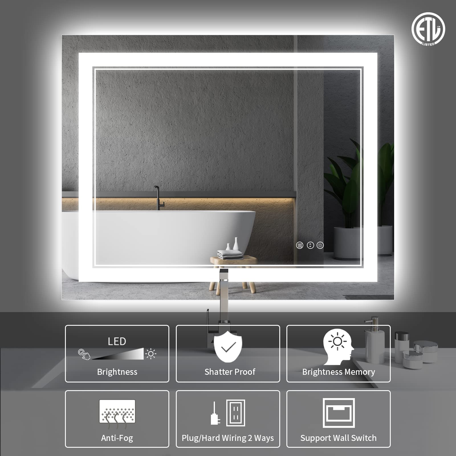 Istripmf 48X36 Inch Bathroom Mirror Led With Lights, Backlit And Front Lighted Anti-Fog Dimmable Memory Lighted Bathroom Vanity