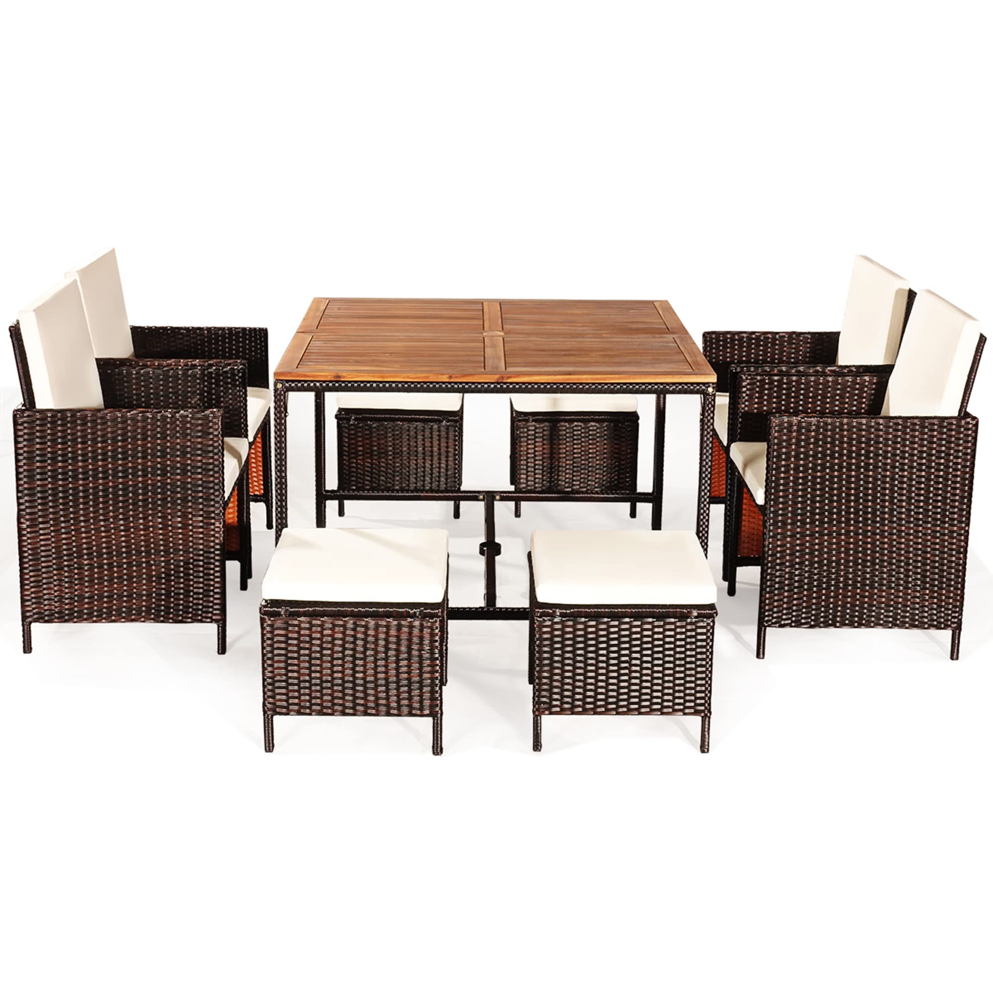 Dortala 9 Pieces Rattan Wicker Patio Dining Set, Space-Saving Porch Sets With Solid Wood Table Top, Removable Cushions, 4 Chairs, 4 Ottomans, Outdoor Wicker Conversation Sets, White
