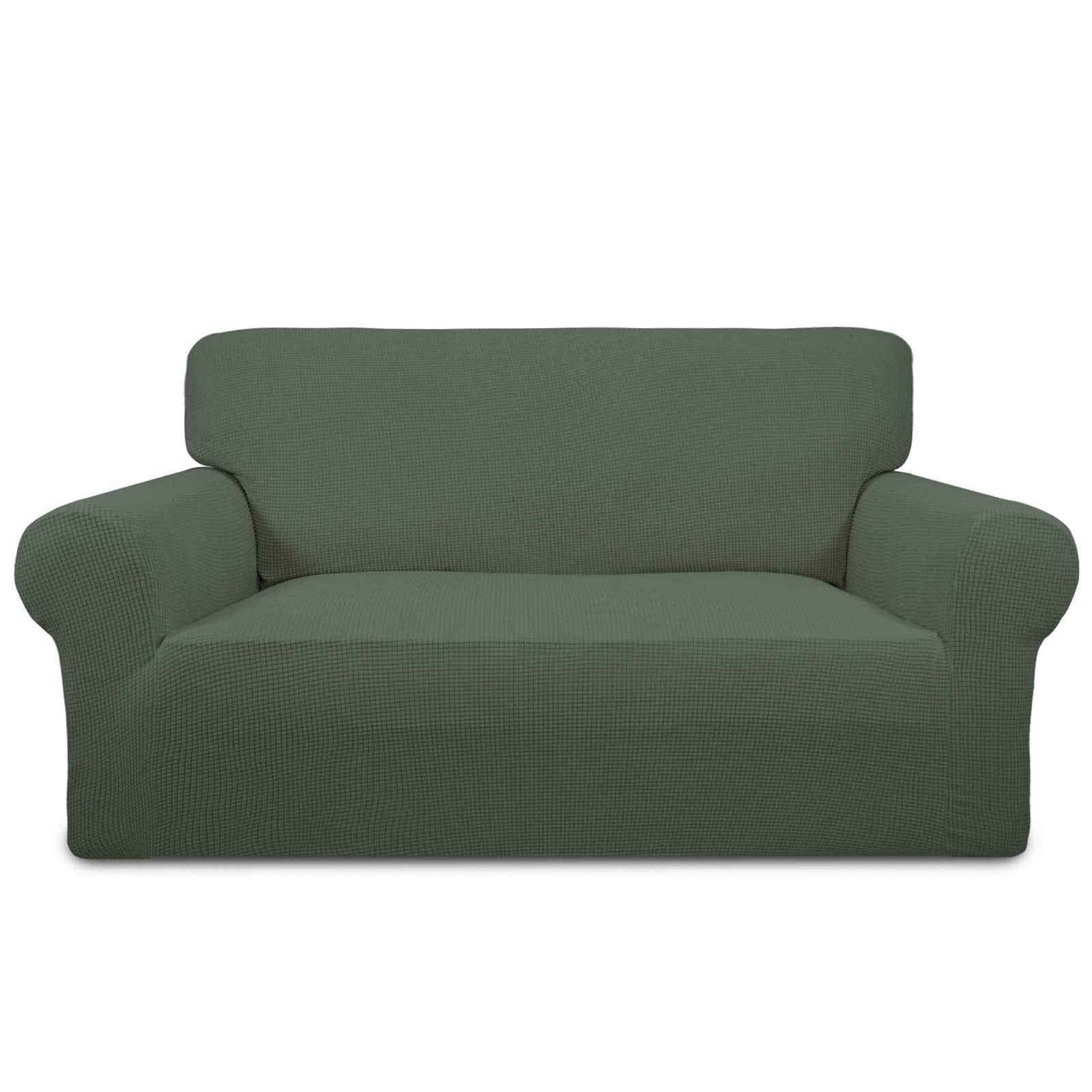 Purefit Stretch Loveseat Sofa Slipcover – Spandex Jacquard Non Slip Soft Couch Sofa Cover, Washable Furniture Protector With Non Skid Foam And Elastic Bottom For Kids (Loveseat, Greyish Green)