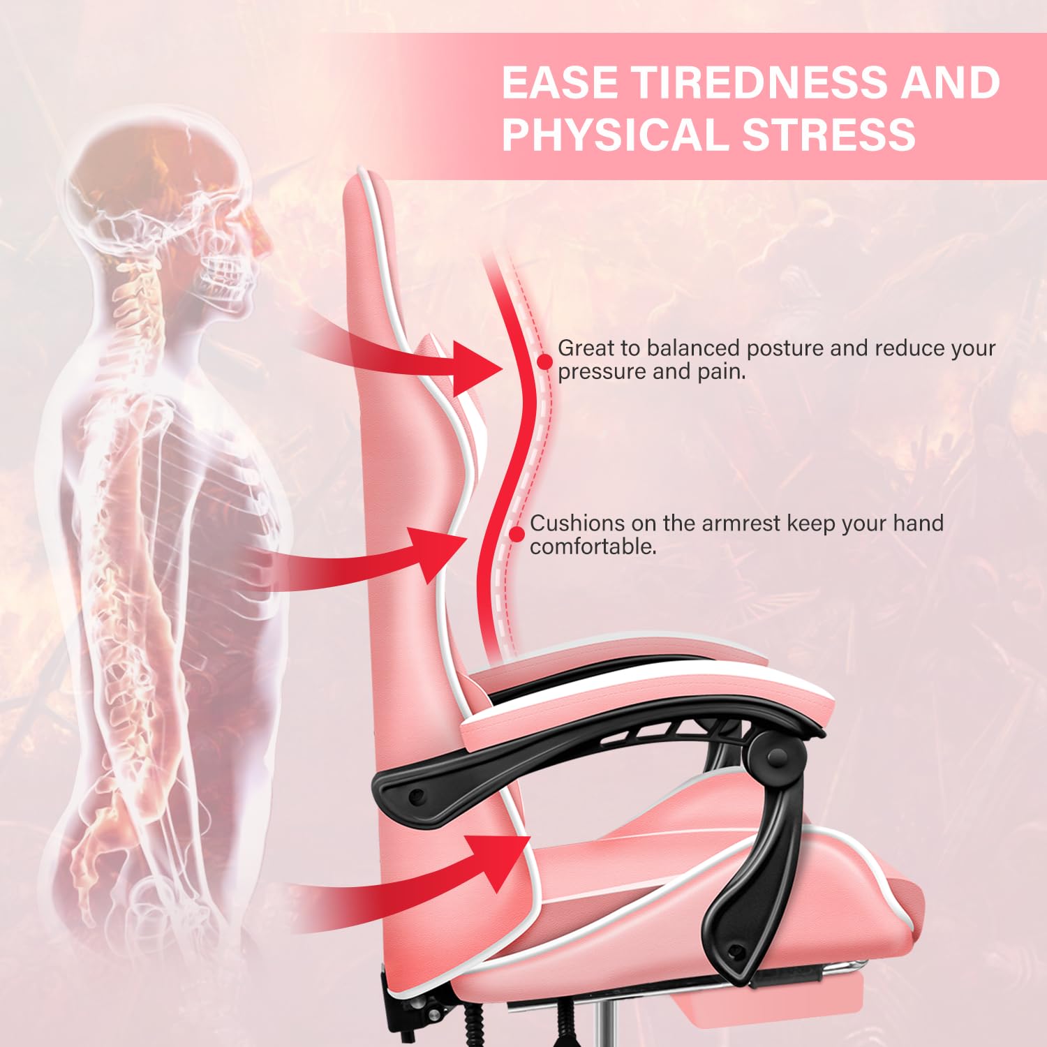 Gaming Chair, Backrest And Seat Height Adjustable Swivel Recliner Racing Office Computer Ergonomic Video Game Chair With Footrest And Lumbar Support, Pink/White